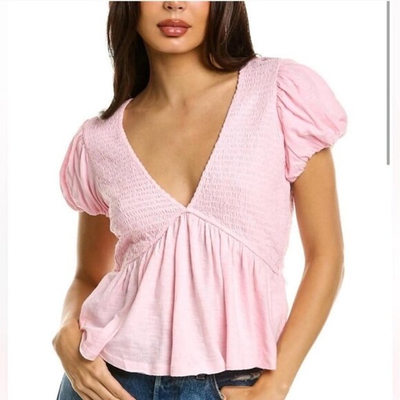Free People Tops - Free People Womens Pink Open Back Smocked Puff Sleeve Peplum Tie Blouse Top L/XL